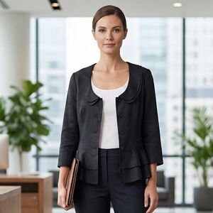 Robert Kitchen Canada Black 100% Linen Peplum Ruffle Collar Blazer Jacket 16 Y2K